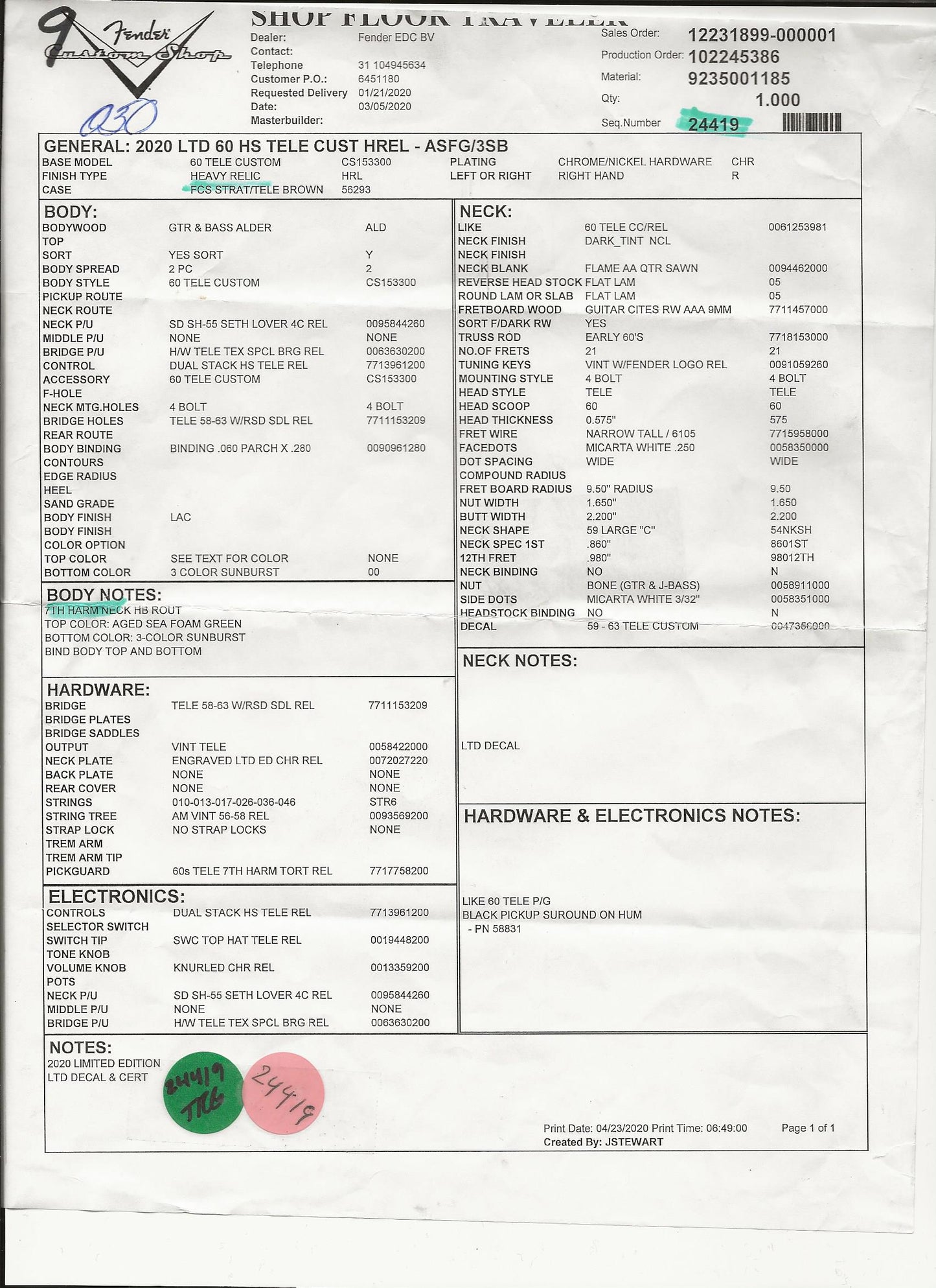 2020 Fender Custom Shop 60 HS Telecaster Custom Heavy Relic Sea Foam Green L.E.
