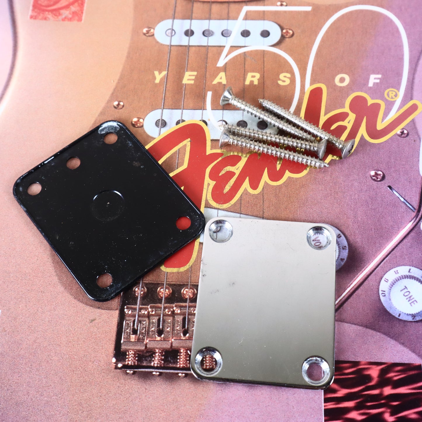 1980s Squier Japan Neck Plate, Contemporary Stratocaster, Screws, Gasket, Fender