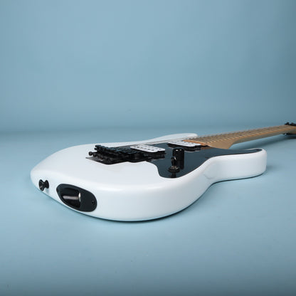 Side view of white body showing black flush-mount output jack plate.