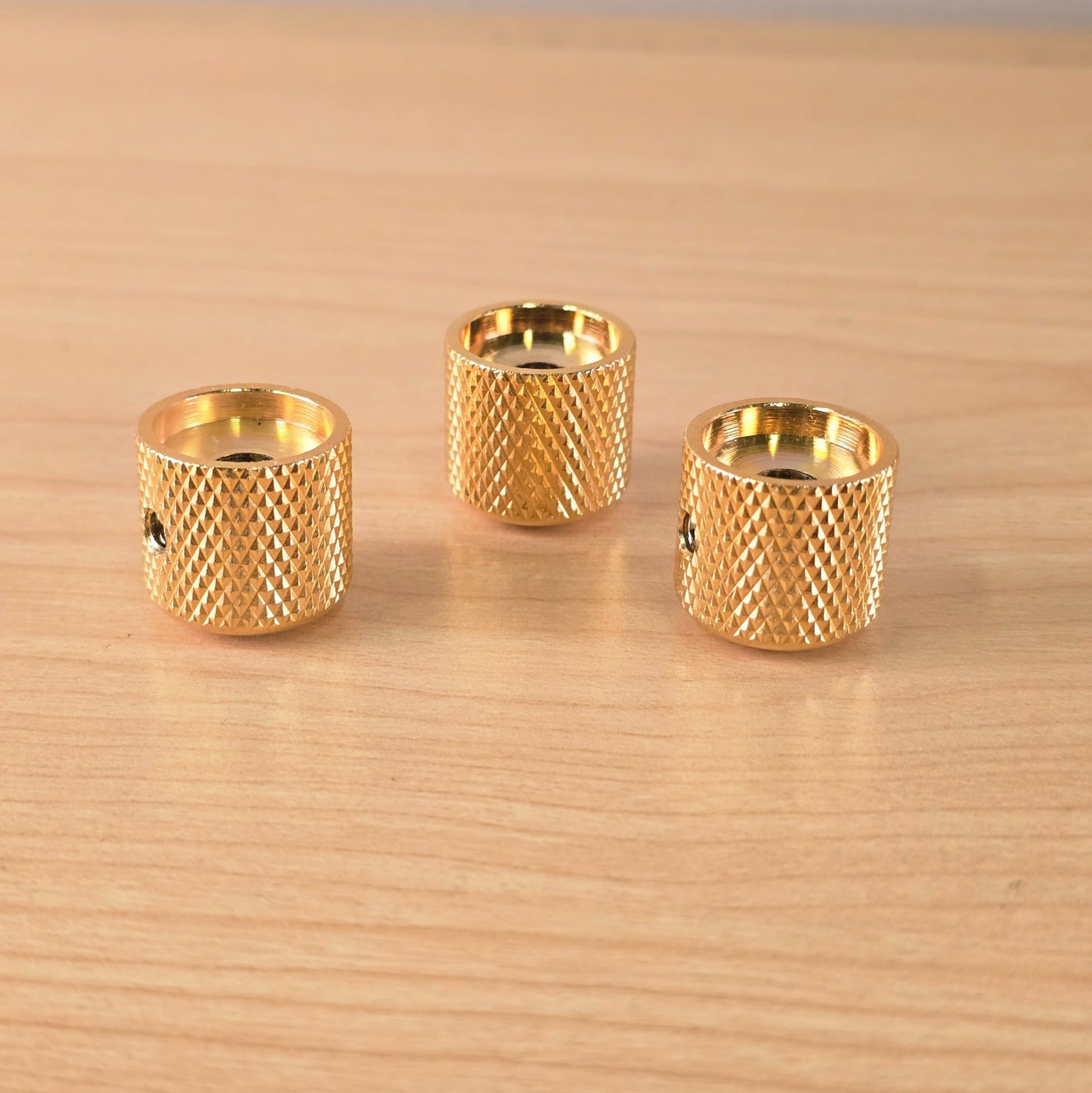 (3) Gold Knurled Dome Knobs for Guitar or Bass Set Screw Strat