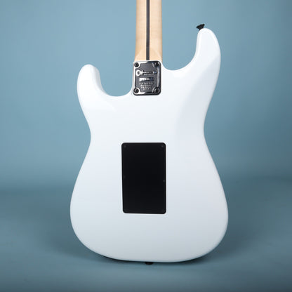 Back of body showing black neck plate stamped with Charvel San Dimas logo and serial number 8686.