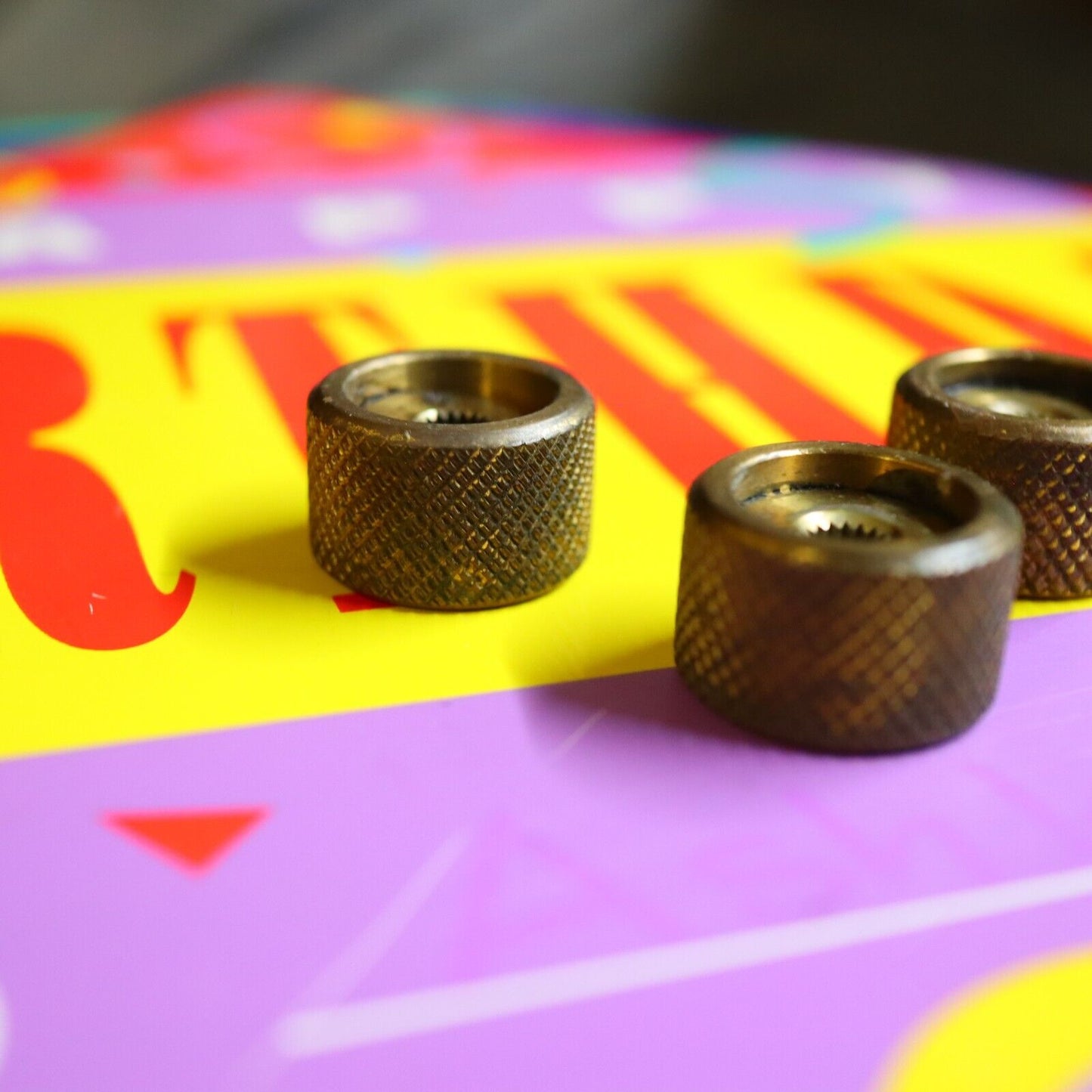 Vintage 70's 80's  Knurled Brass Flat Top Split Shaft Patina Knobs w/ Set Screw