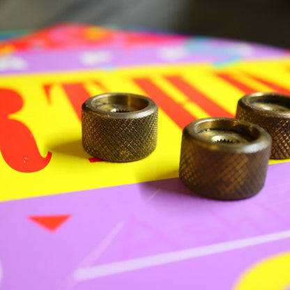 Vintage 70's 80's  Knurled Brass Flat Top Split Shaft Patina Knobs w/ Set Screw