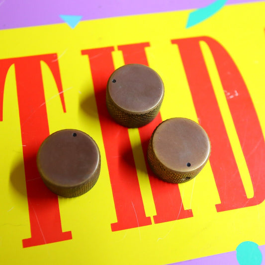 Vintage 70's 80's  Knurled Brass Flat Top Split Shaft Patina Knobs w/ Set Screw