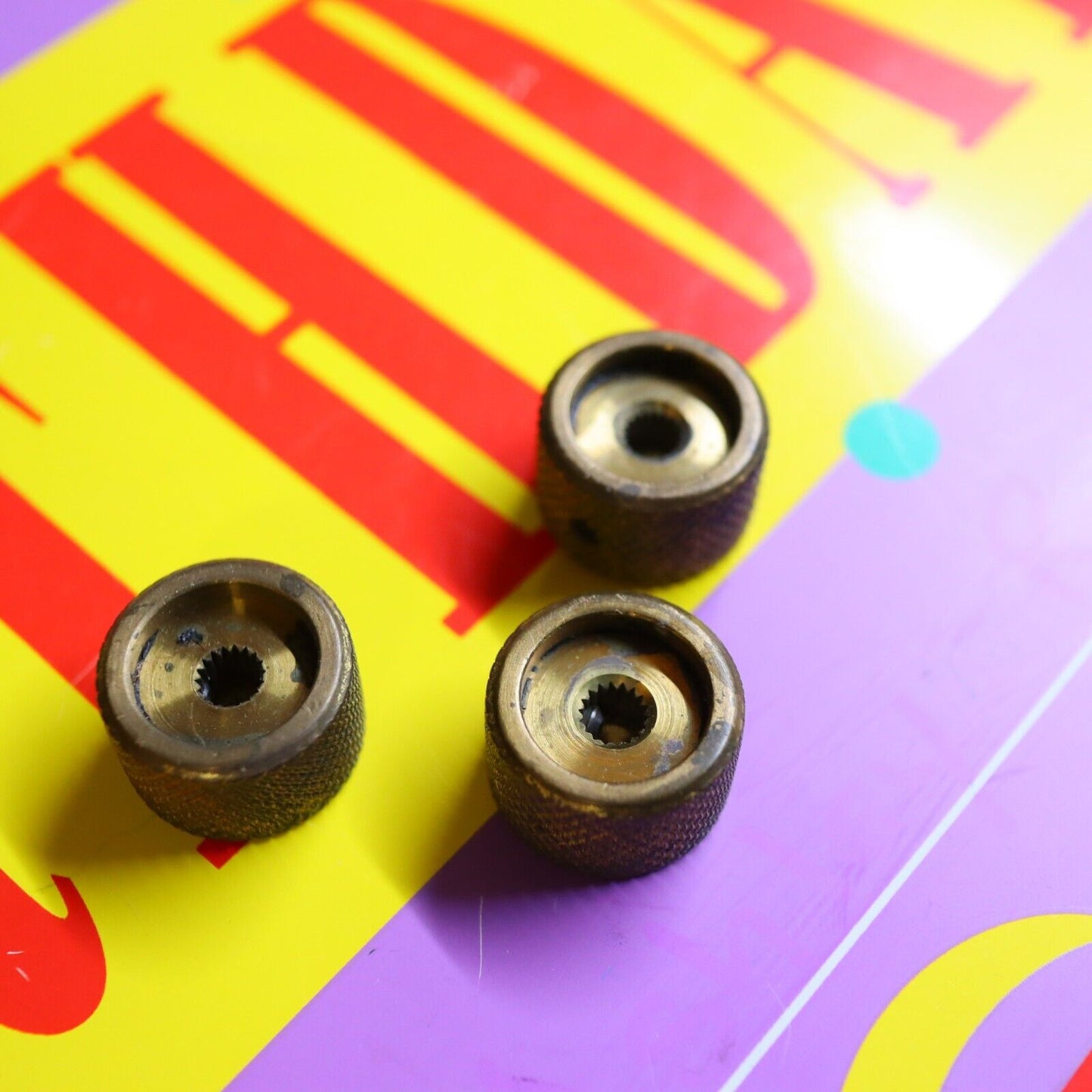 Vintage 70's 80's  Knurled Brass Flat Top Split Shaft Patina Knobs w/ Set Screw