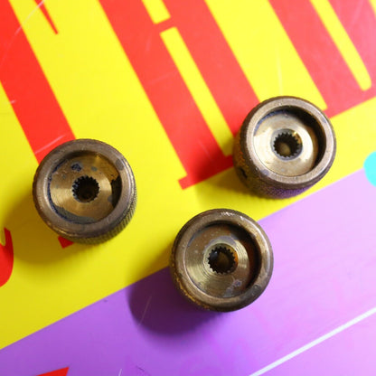 Vintage 70's 80's  Knurled Brass Flat Top Split Shaft Patina Knobs w/ Set Screw