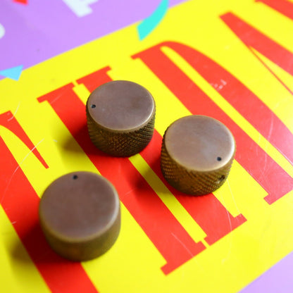 Vintage 70's 80's  Knurled Brass Flat Top Split Shaft Patina Knobs w/ Set Screw