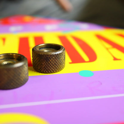 Vintage 70's 80's  Knurled Brass Flat Top Split Shaft Patina Knobs w/ Set Screw