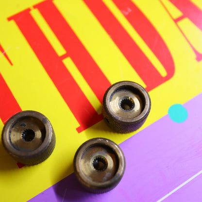 Vintage 70's 80's  Knurled Brass Flat Top Split Shaft Patina Knobs w/ Set Screw