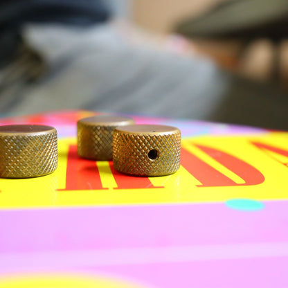 Vintage 70's 80's  Knurled Brass Flat Top Split Shaft Patina Knobs w/ Set Screw