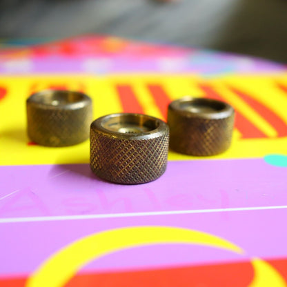Vintage 70's 80's  Knurled Brass Flat Top Split Shaft Patina Knobs w/ Set Screw