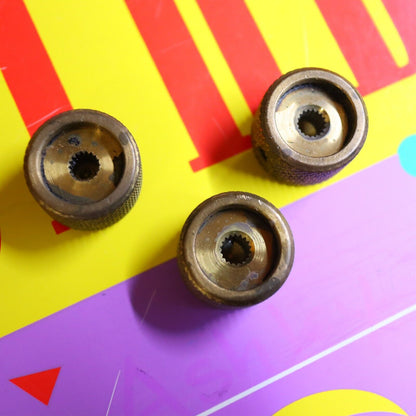 Vintage 70's 80's  Knurled Brass Flat Top Split Shaft Patina Knobs w/ Set Screw