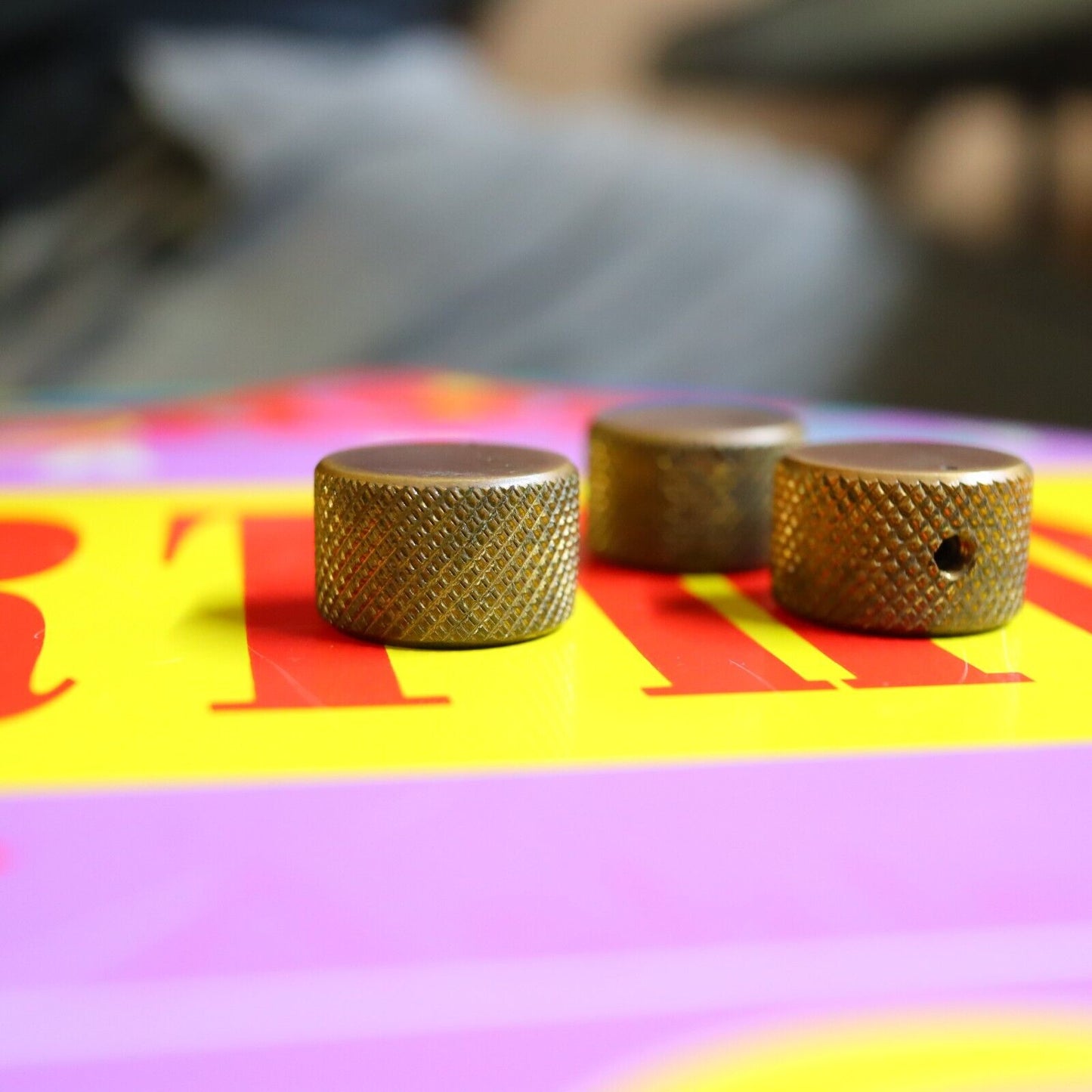 Vintage 70's 80's  Knurled Brass Flat Top Split Shaft Patina Knobs w/ Set Screw