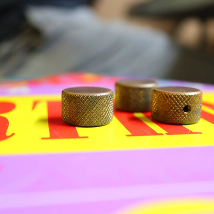Vintage 70's 80's  Knurled Brass Flat Top Split Shaft Patina Knobs w/ Set Screw