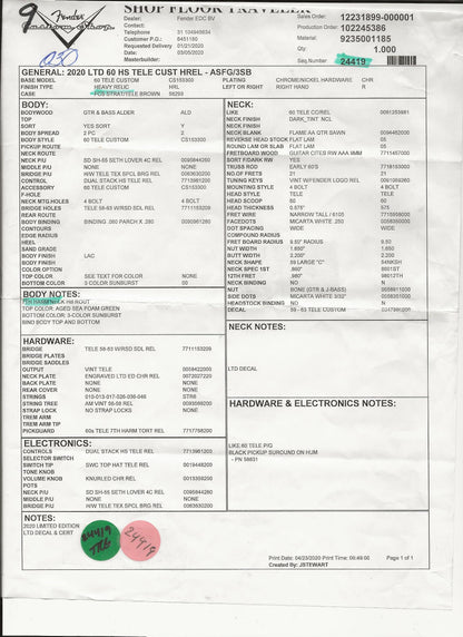 2020 Fender Custom Shop 60 HS Telecaster Custom Heavy Relic Sea Foam Green L.E.