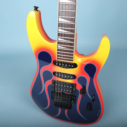 Angled front view showing flame graphic, pickup layout, and body contouring