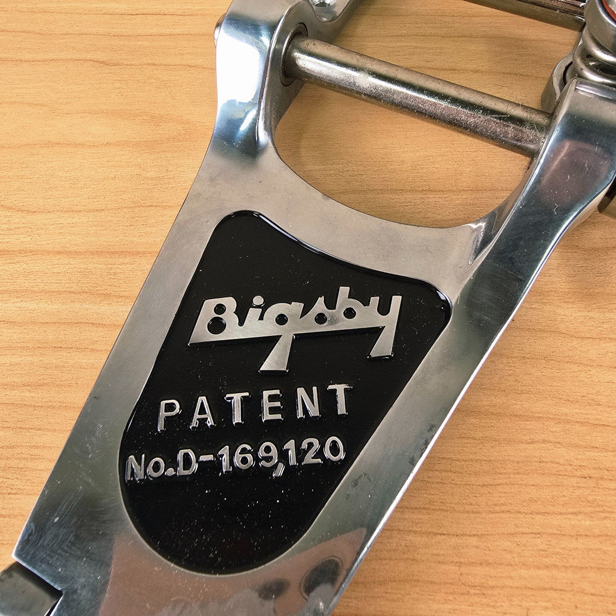 Close-up of the Bigsby logo and Patent No. D-169,120 marking against a black background.
