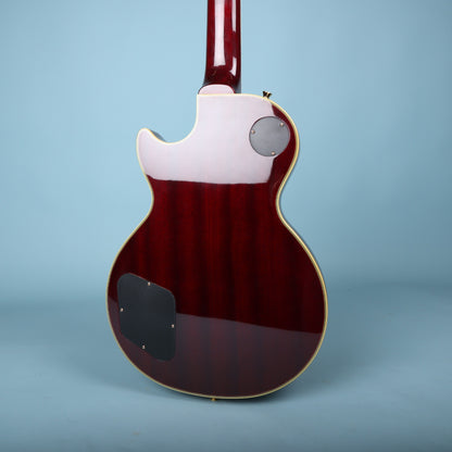Back view of Epiphone Les Paul Custom body showing mahogany grain and dark red finish