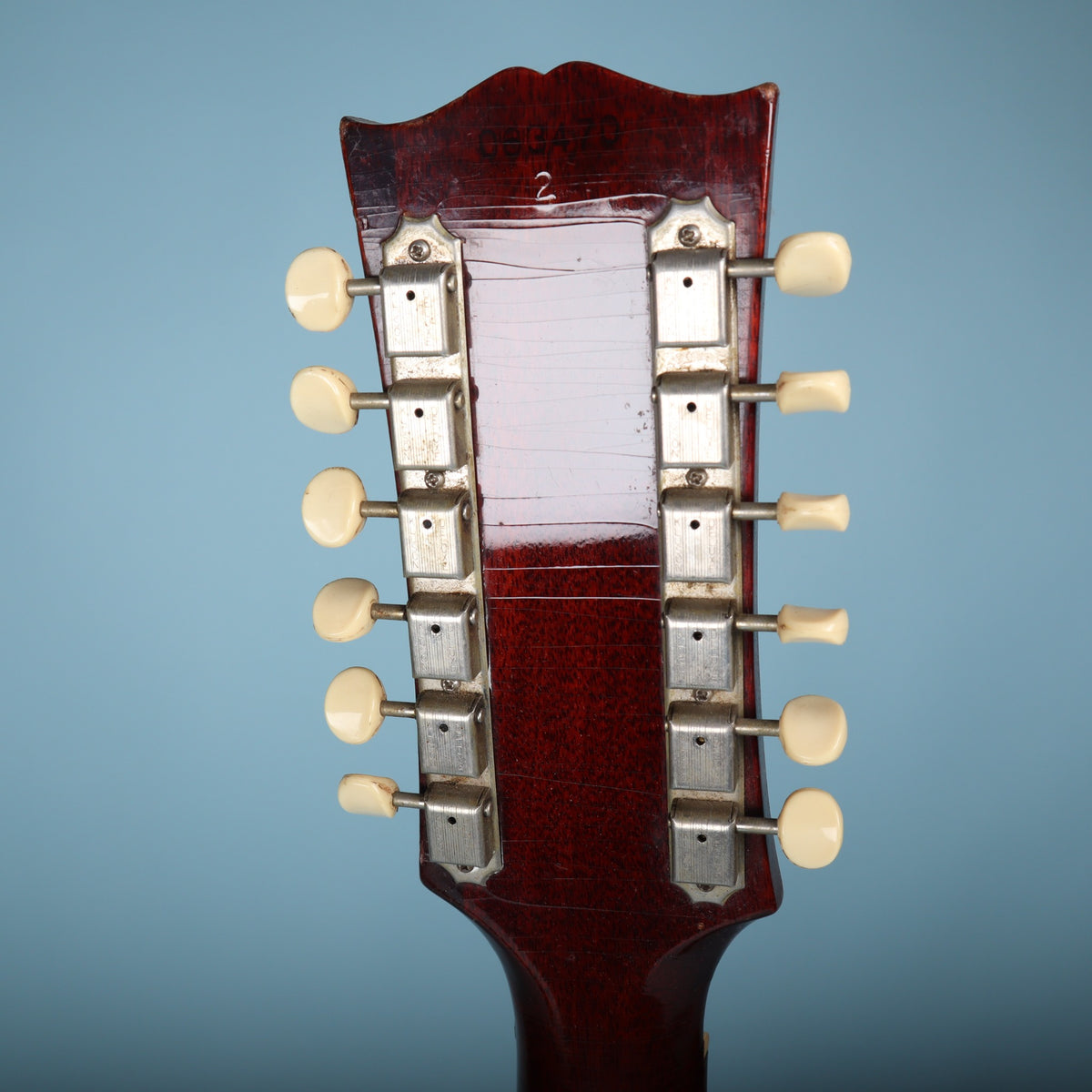 Back of headstock showing the serial number 063470 and '2' factory second stamp.