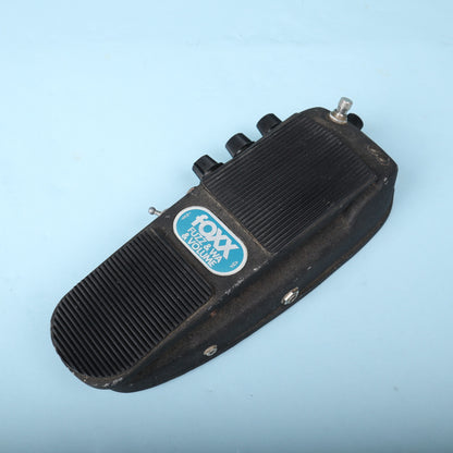 Overhead angle of the 1976 Foxx Fuzz & Wa & Volume pedal showing top treadle and logo badge