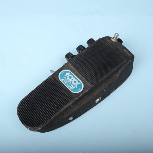 Overhead angle of the 1976 Foxx Fuzz & Wa & Volume pedal showing top treadle and logo badge