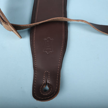 Close-up shot of the lower strap tip and reinforced stitching around the button slot