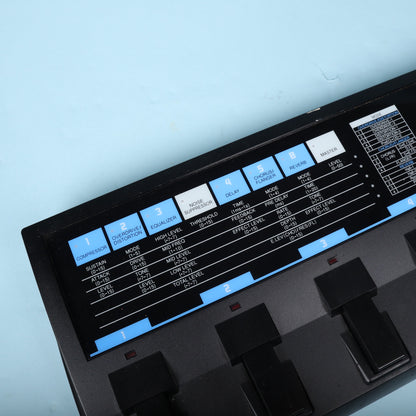Boss ME-6 parameter matrix for compressor, distortion, EQ, delay, and modulation