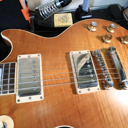 Close-up of covered humbucker pickups and bridge assembly