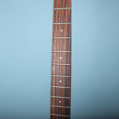 Close-up of the rosewood fretboard with dot inlays and frets.