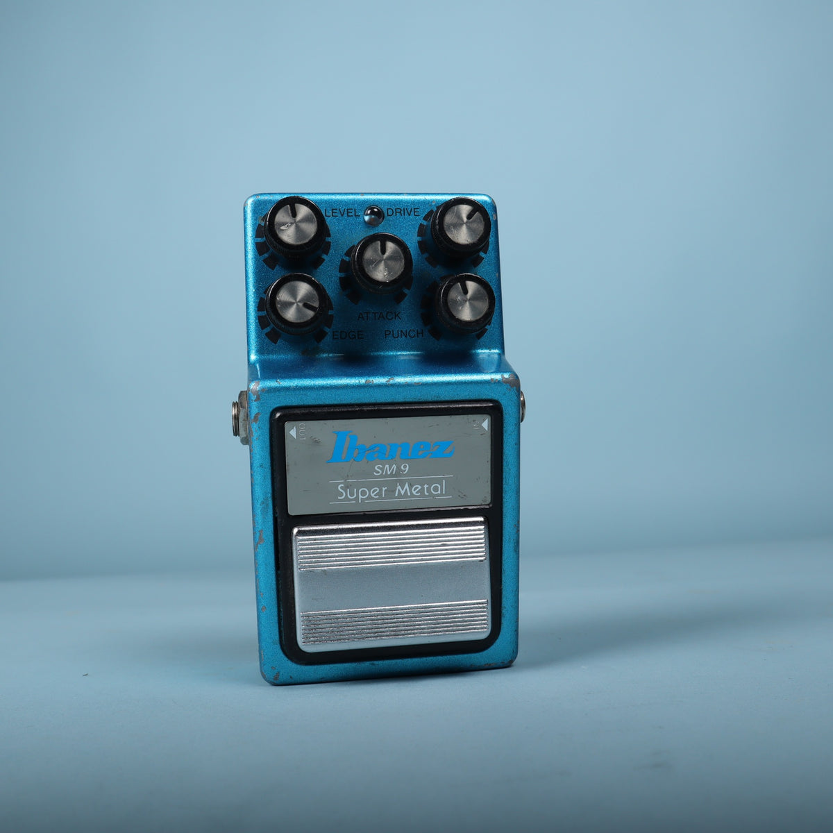 Front perspective view of the vintage Ibanez SM9 Super Metal pedal in metallic blue