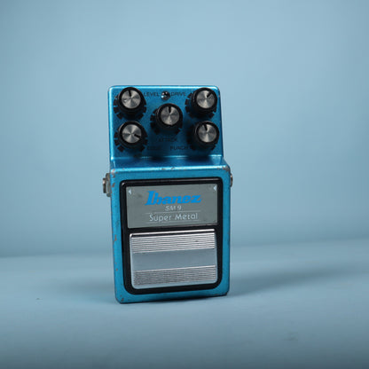 Front perspective view of the vintage Ibanez SM9 Super Metal pedal in metallic blue
