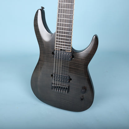 Angled front view of the Schecter KM-7 MK-II body showing the flamed maple top