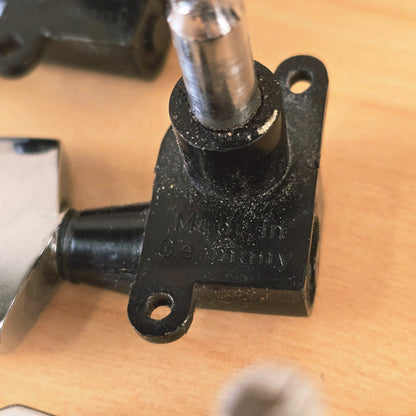 Detailed angle of Made in Germany text on tuning machine baseplate