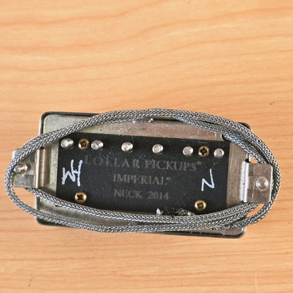 Underside of the 2014 Lollar Imperial neck pickup showing wire leads and engraving.