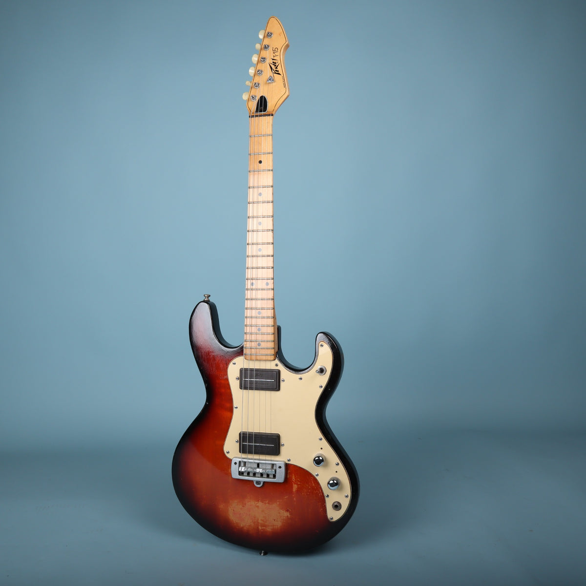 Full front view of the complete 1982 Peavey T-15 electric guitar.