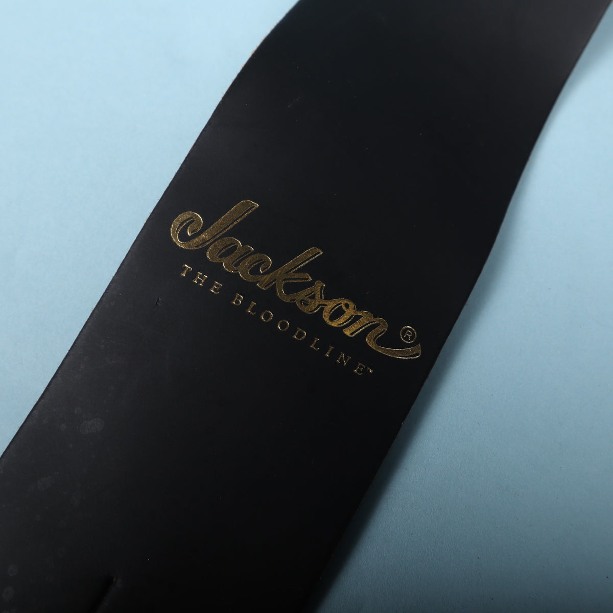 Close-up of gold foil Jackson The Bloodline logo stamped on black leather strap