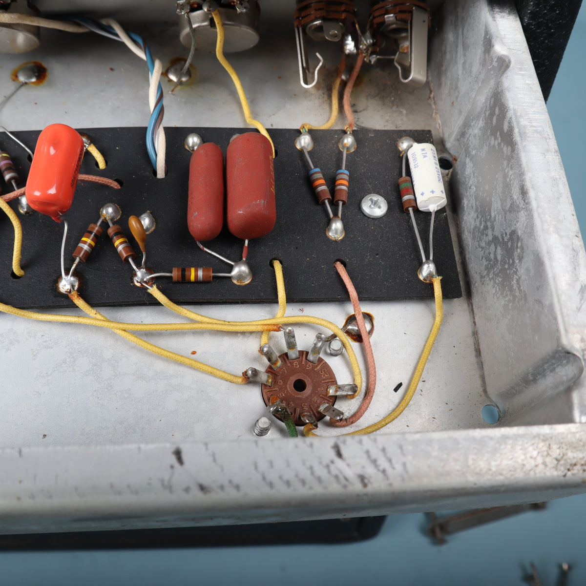 Close-up of the eyelet board with resistors, tone capacitors, and tube socket.