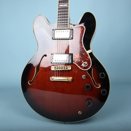 Front view of Epiphone Sheraton sunburst electric guitar