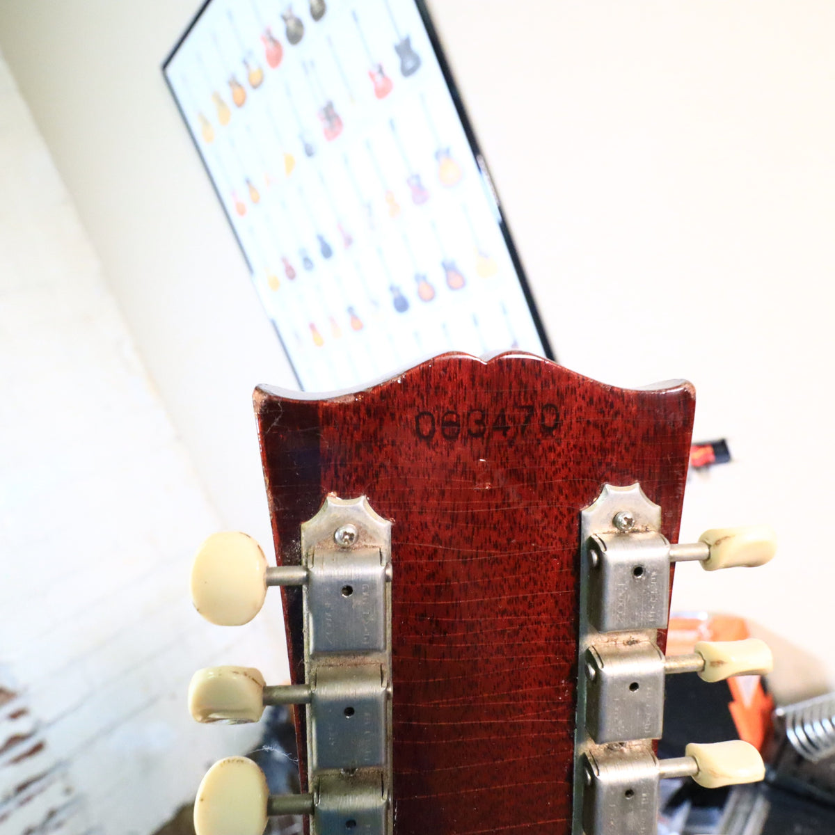 Back of the headstock showing the stamped Gibson serial number 063470.
