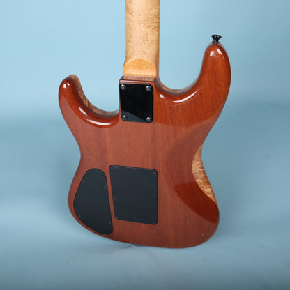 Close-up of four-bolt neck plate on back of guitar body.