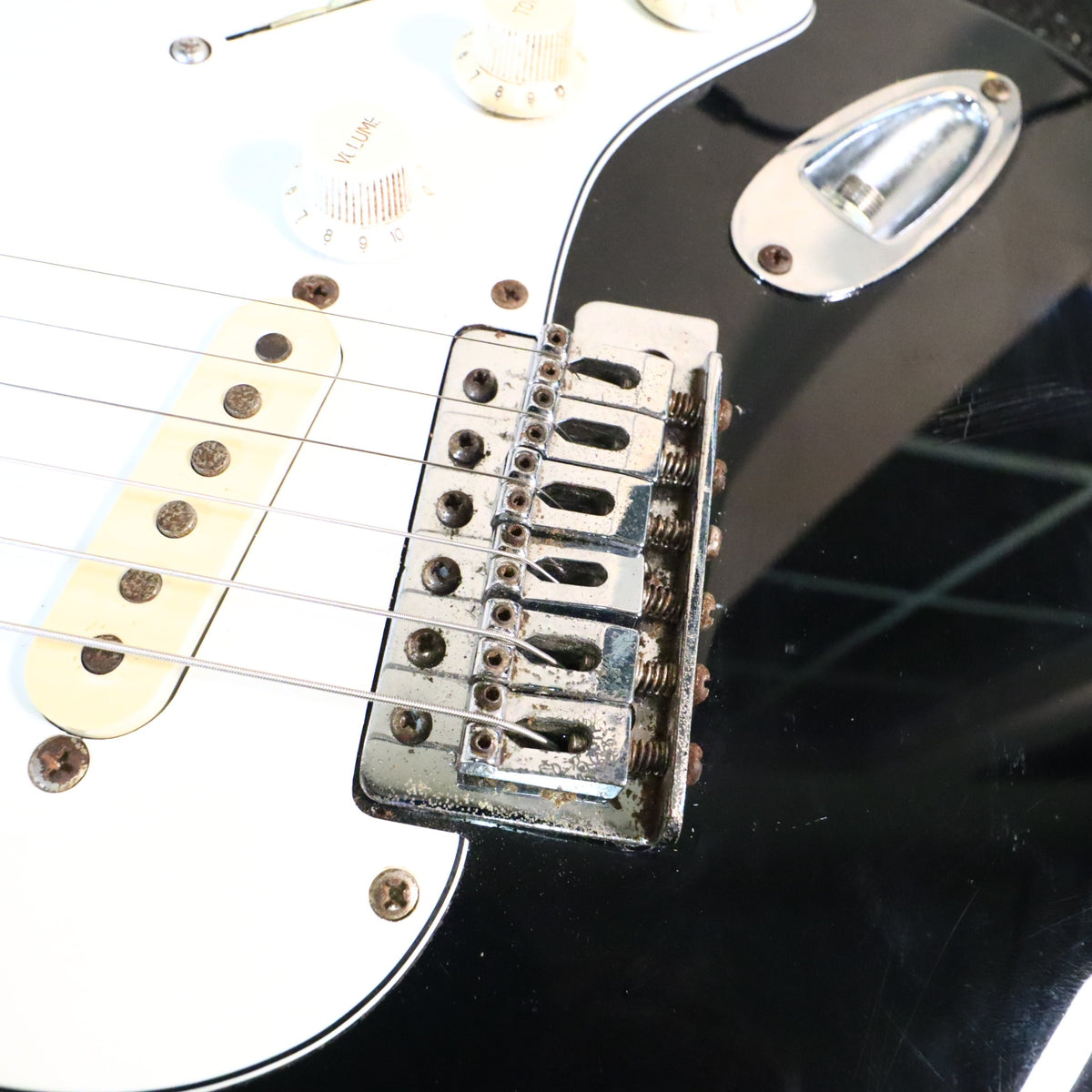 Close-up of the bridge saddles and tremolo plate