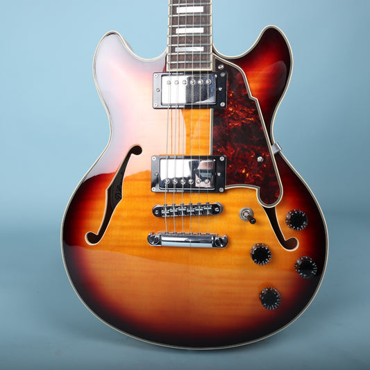D'Angelico Premier Mini DC body in sunburst finish showing pickups and controls.