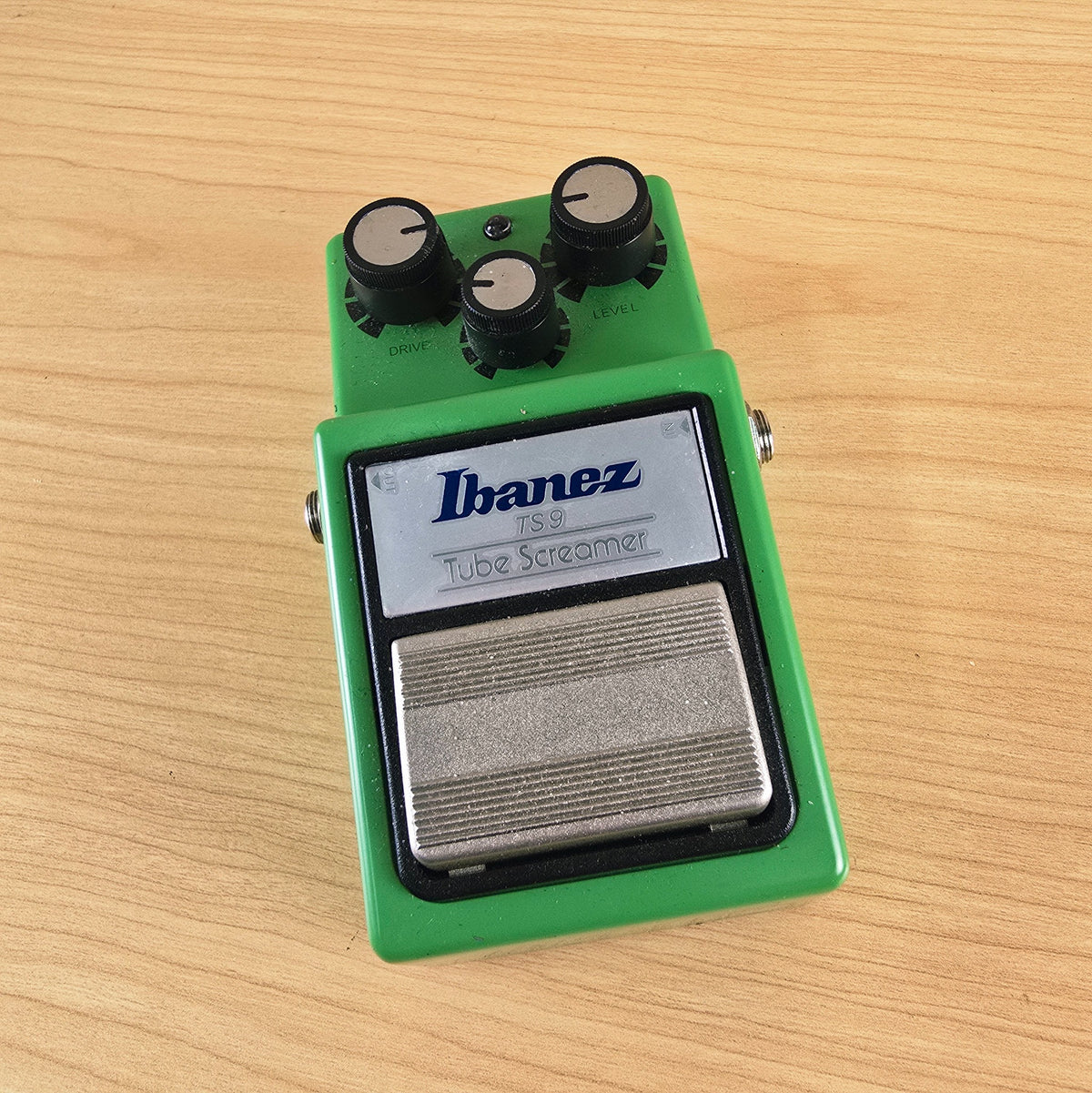 Top-down view of the Ibanez TS9 Tube Screamer overdrive pedal.