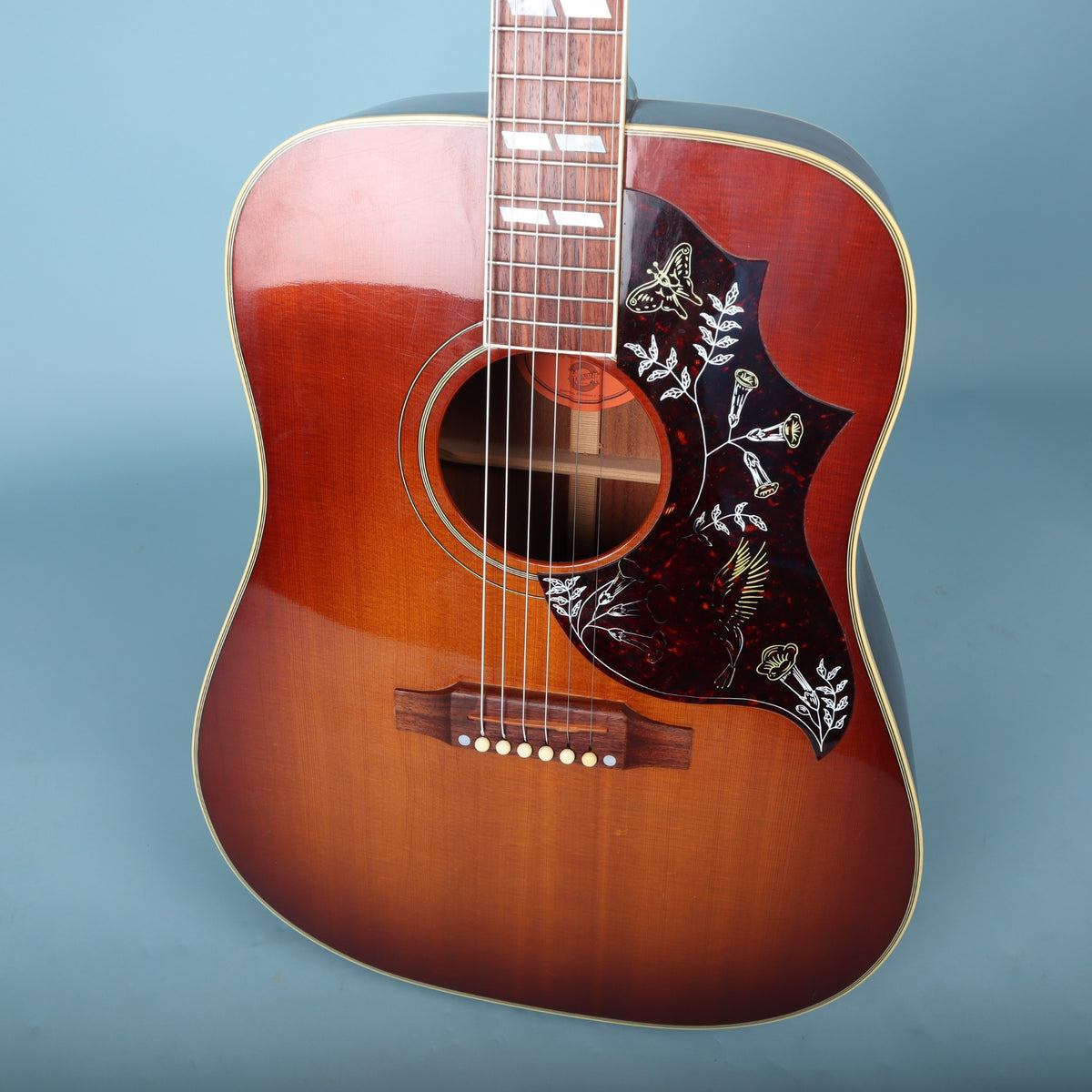Detailed view of the soundhole and iconic engraved hummingbird pickguard.