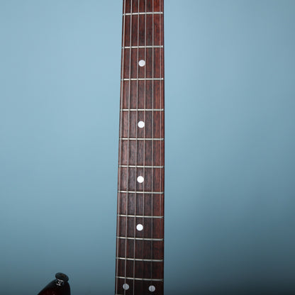 Close-up of rosewood fretboard with white dot position inlays and frets.