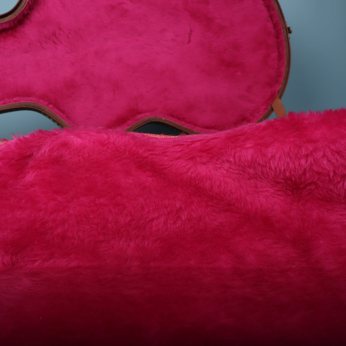 Close-up of the thick hot pink plush lining of the Gibson case