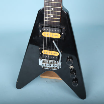 Close-up front view of the Epiphone V2 body, pickups, and Floyd Rose bridge.