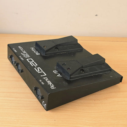 Side angle showing three 13-pin GK DIN jacks on the Roland US-20 pedal chassis.