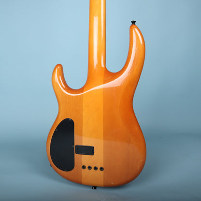Rear view of the body highlighting neck-through construction, control cover, and battery box.
