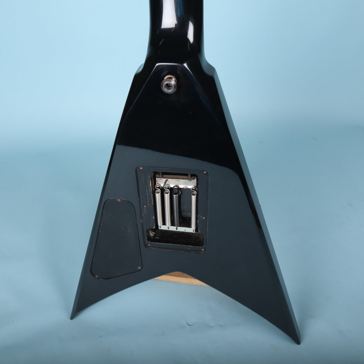 Close-up of the back of the body showing the tremolo spring cavity and strap button